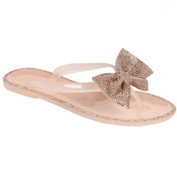 Nude Jelly Rhinestone Bow Thong Sandals - Picture 4 of 7